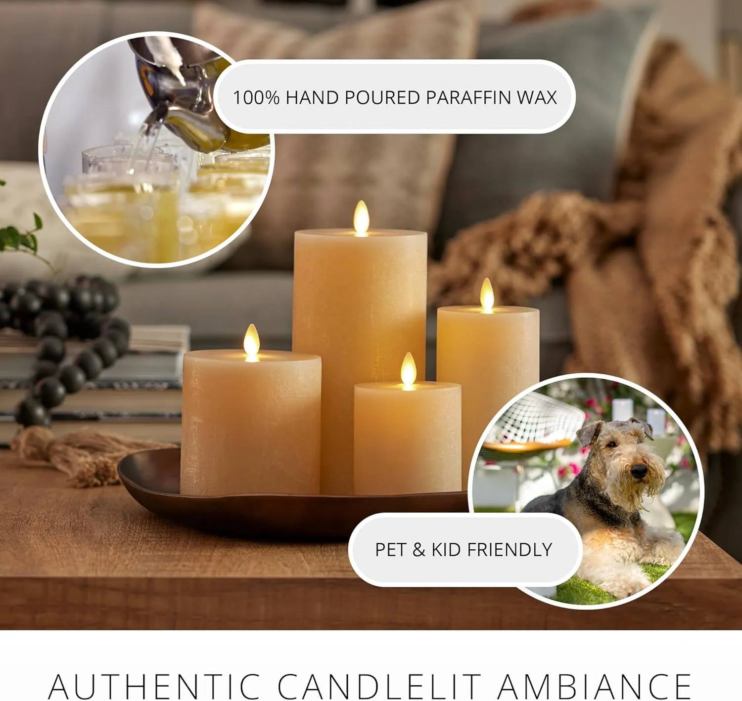 Luminara Seaglass Rechargeable Flameless LED Candle, Fog 3.8" x 5.3", Moving Flame Pillar Timer, USB Type-C Charging Cable, Unscented Real Wax