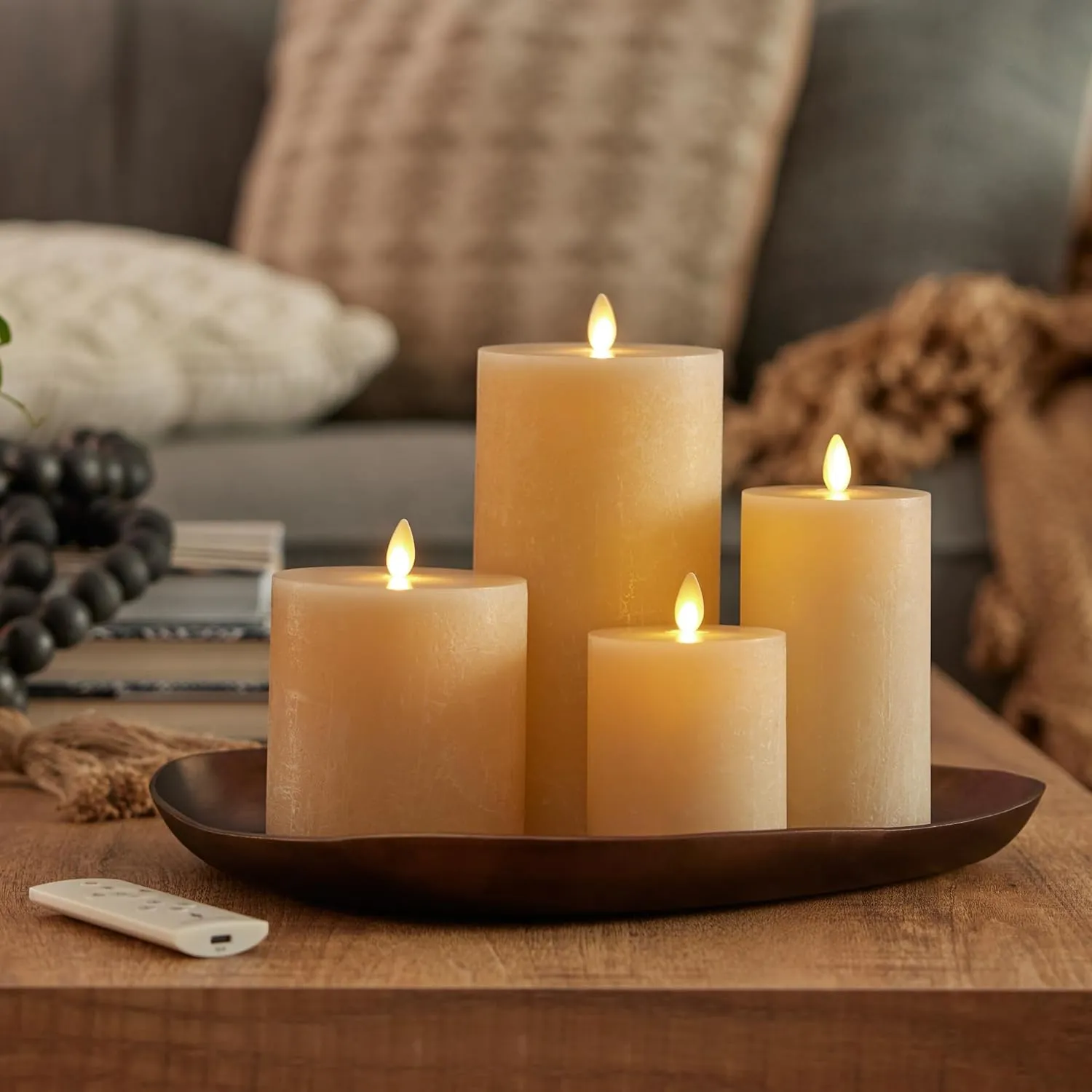 Luminara Seaglass Rechargeable Flameless LED Candle, Fog 3.8" x 5.3", Moving Flame Pillar Timer, USB Type-C Charging Cable, Unscented Real Wax