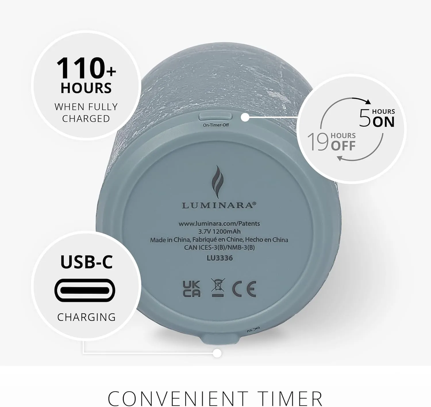 Luminara Seaglass Rechargeable Flameless LED Candle, Silver Blue 3.8" x 5.3", Moving Flame Pillar Timer, USB Type-C Charging Cable, Unscented Real Wax