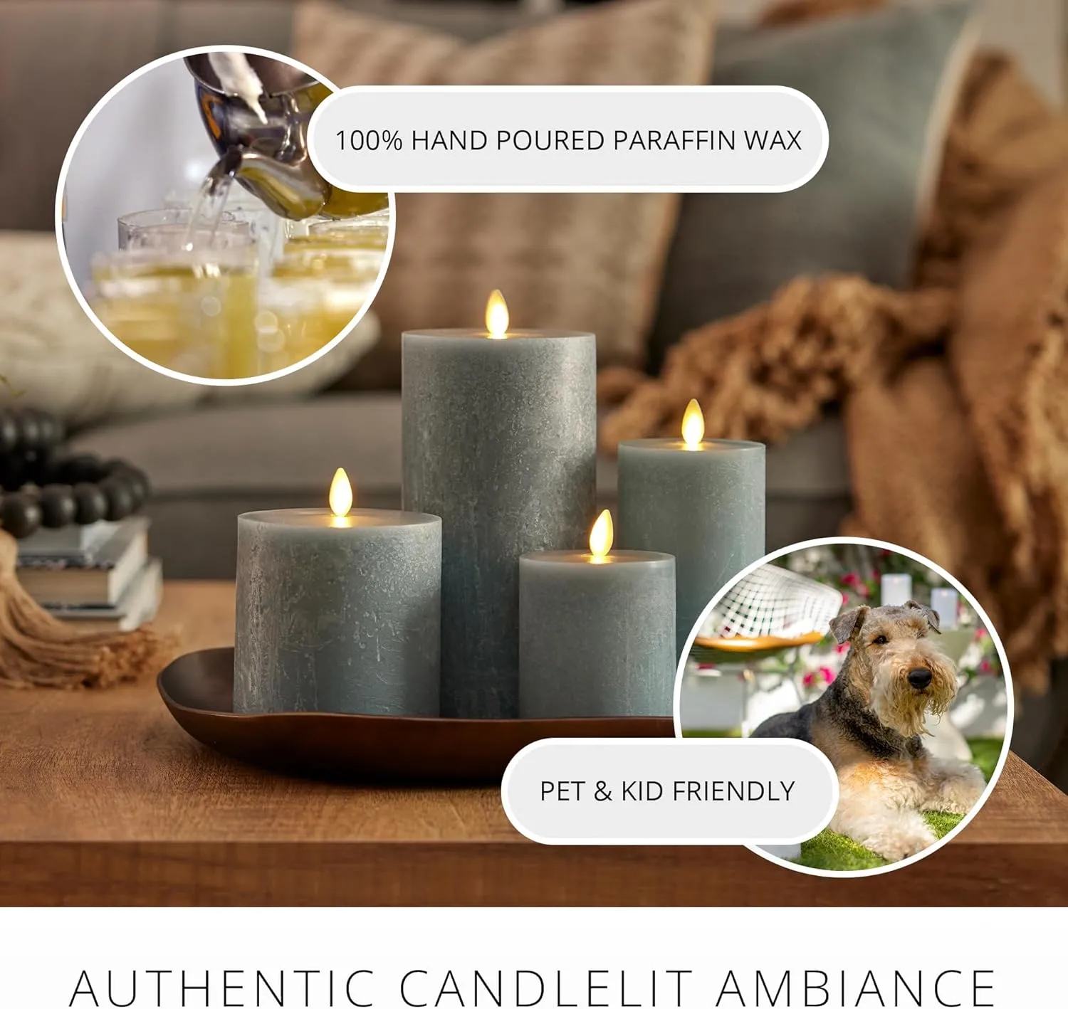 Luminara Seaglass Rechargeable Flameless LED Candle, Silver Blue 3.8" x 5.3", Moving Flame Pillar Timer, USB Type-C Charging Cable, Unscented Real Wax
