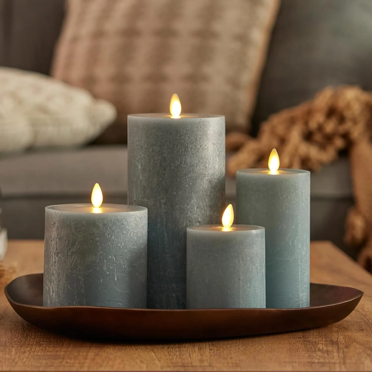 Luminara Seaglass Rechargeable Flameless LED Candle, Silver Blue 3.8" x 5.3", Moving Flame Pillar Timer, USB Type-C Charging Cable, Unscented Real Wax