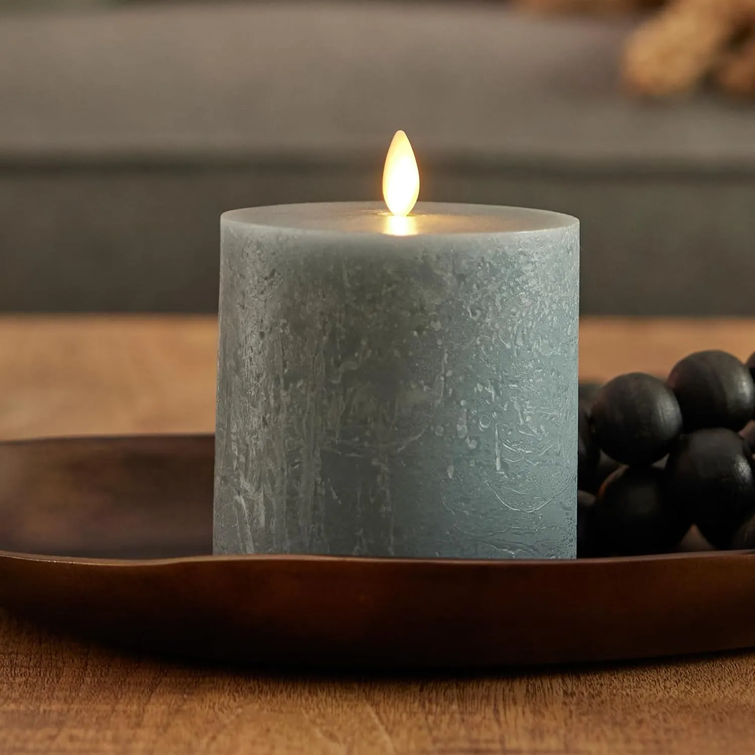 Luminara Seaglass Rechargeable Flameless LED Candle, Silver Blue 3.8" x 5.3", Moving Flame Pillar Timer, USB Type-C Charging Cable, Unscented Real Wax