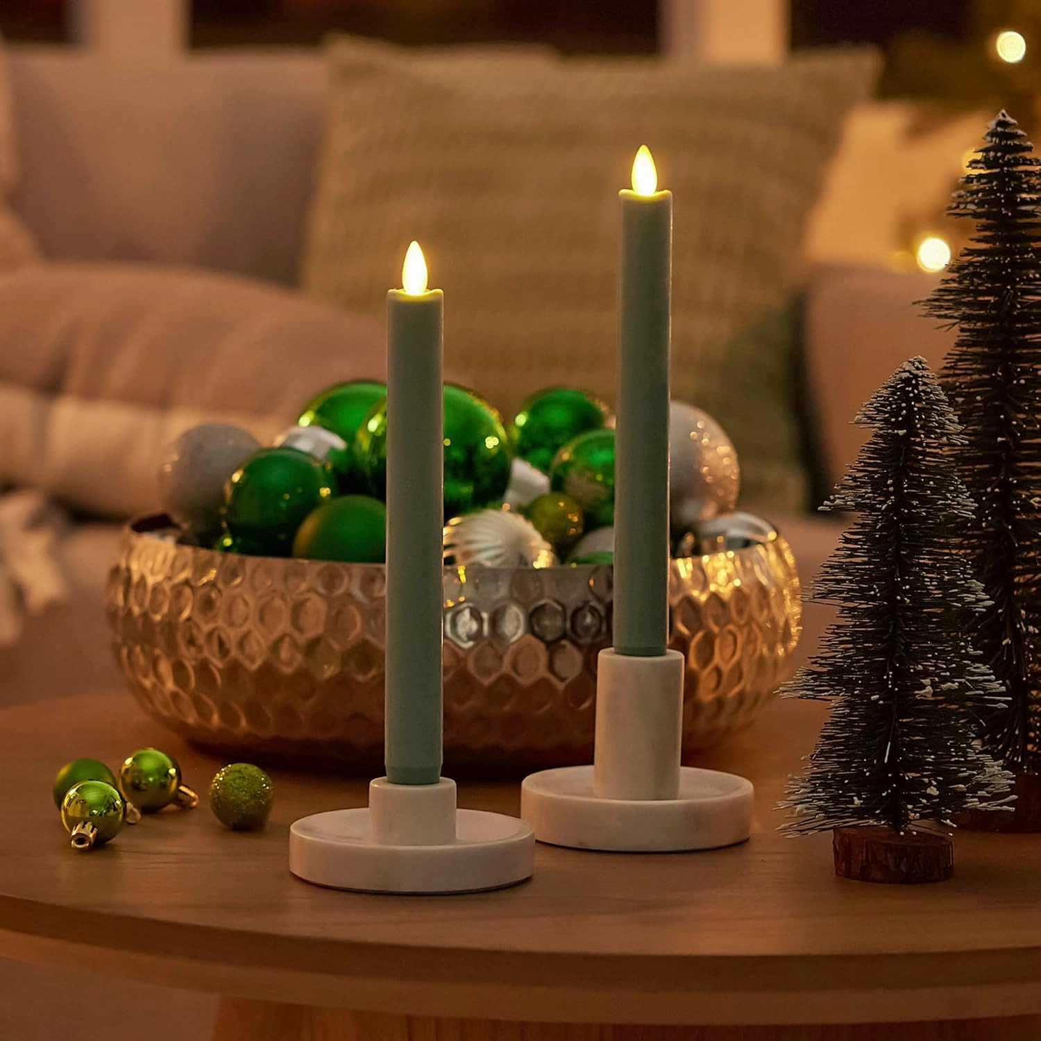 Luminara - Flameless Battery Operated Taper Candle - Iceberg Green - Pack of 2-1x9.75 - LED Flickering Flame - Realistic Safe for Home Kids and Pets