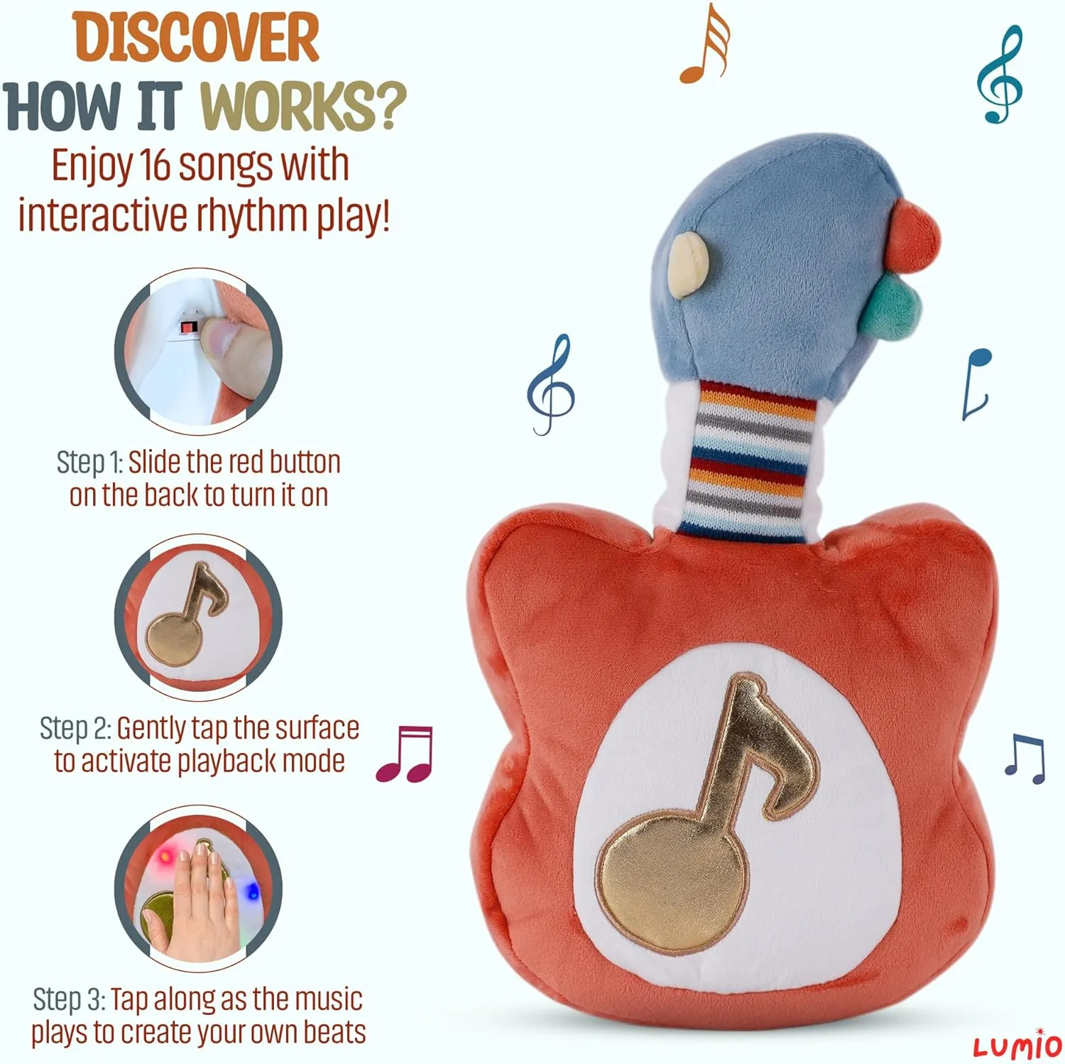 Lumio Interactive Musical Plush Toy with Lights and Sounds - Sensory Toy for 3 6 9 12-18 Months and up, Perfect for Tummy Time Rhythm Learning (Guitar) (Piano)
