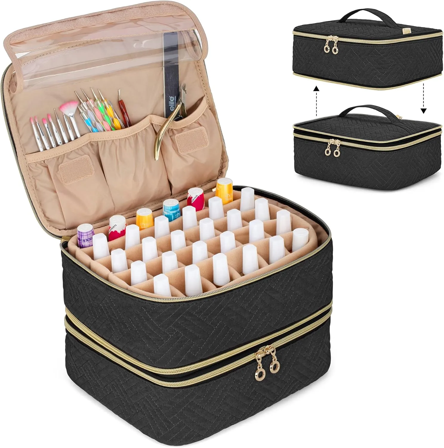 LUXJA Detachable 2 Layers Nail Polish Organizer - Hold 60 Bottles (15ml - 0.5 fl.oz), Nail Polish Case with Tools Storage Pockets (Patented Design), Black