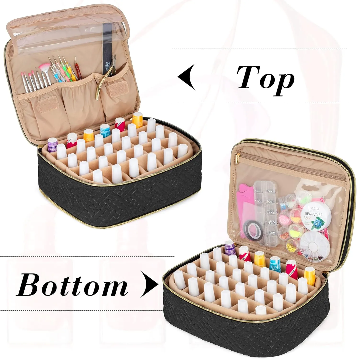 LUXJA Detachable 2 Layers Nail Polish Organizer - Hold 60 Bottles (15ml - 0.5 fl.oz), Nail Polish Case with Tools Storage Pockets (Patented Design), Black