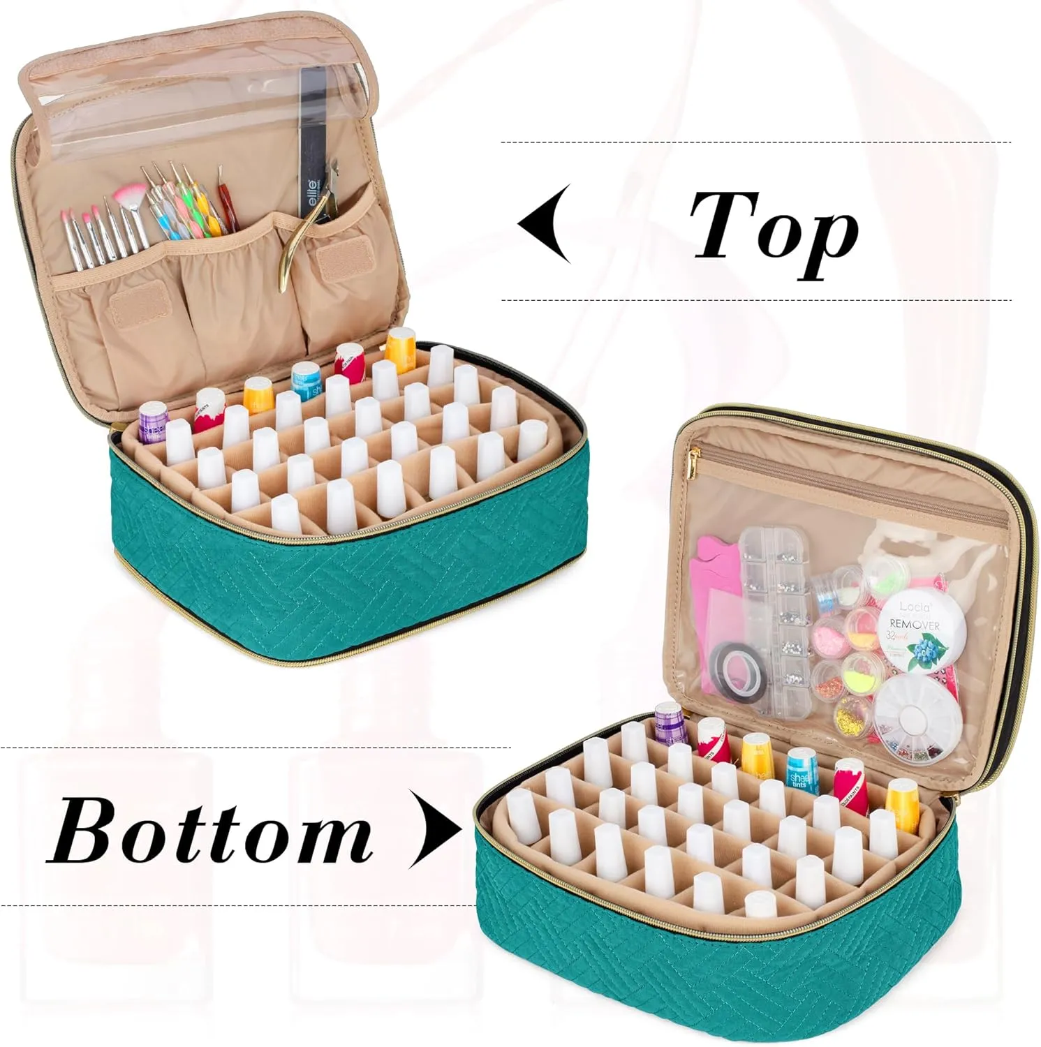 LUXJA Detachable 2 Layers Nail Polish Organizer - Hold 60 Bottles (15ml - 0.5 fl.oz), Nail Polish Case with Tools Storage Pockets (Patented Design), Teal