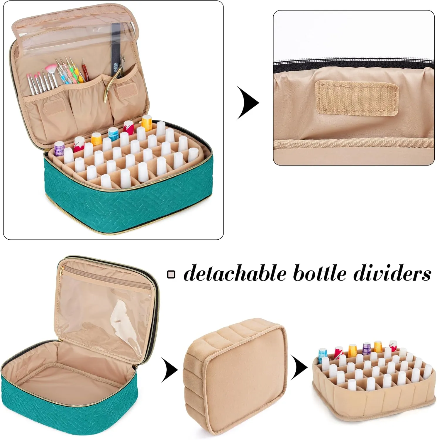 LUXJA Detachable 2 Layers Nail Polish Organizer - Hold 60 Bottles (15ml - 0.5 fl.oz), Nail Polish Case with Tools Storage Pockets (Patented Design), Teal