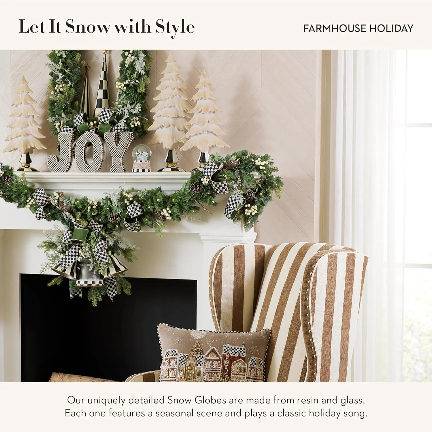 MACKENZIE-CHILDS Christmas Snow Globe and Music Box, Unique Musical Snow Globe Christmas Decoration, Farmhouse Holiday