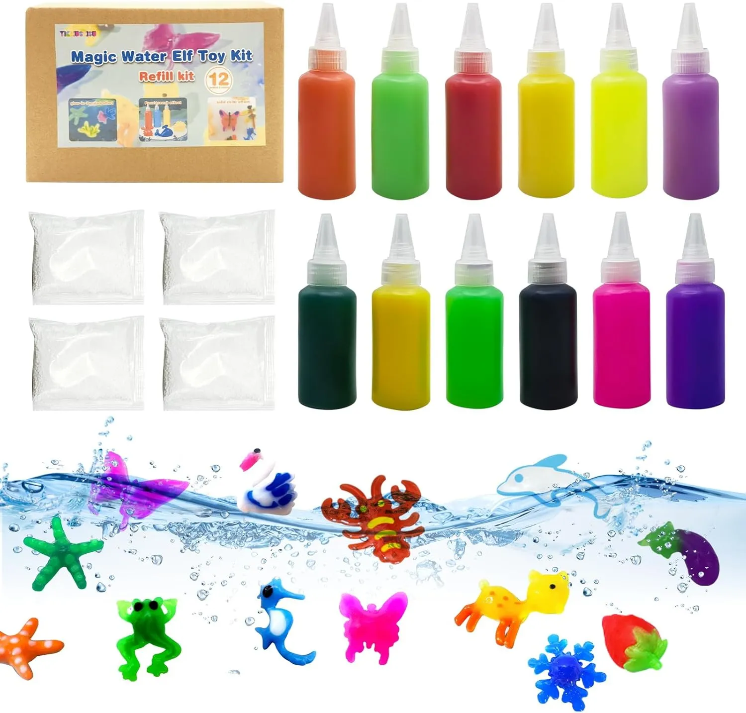 Magic Water Elf Toy Kit Refill,Aqua Fairy Water Gel Kit Refill,Waters Pets,DIY Squishy Maker Set,Handmade Water Toy- Fun Summer DIY Craft Kit, Birthday Gifts & Party Favors for Boys & Girls(12 Colors)
