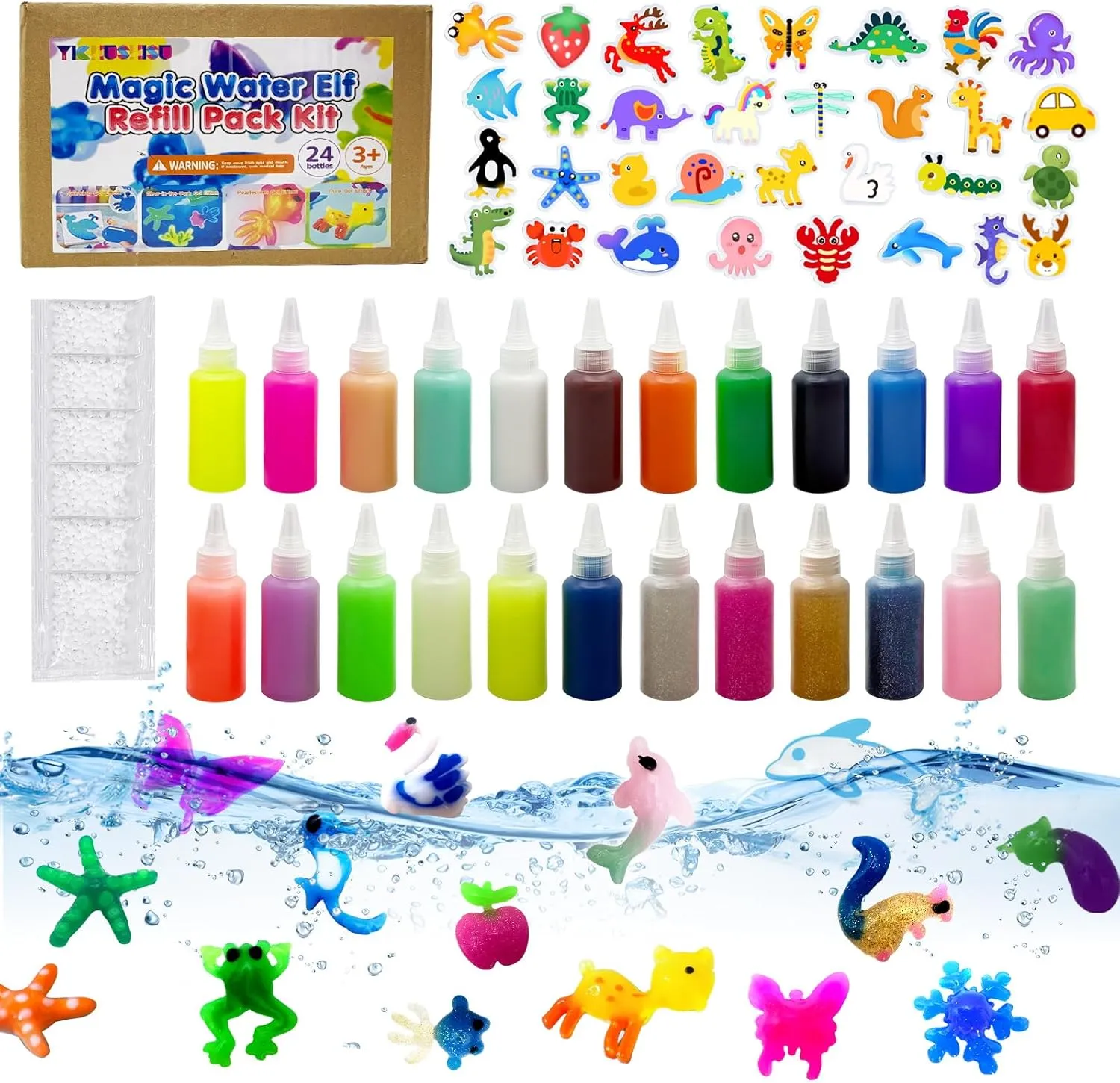 Magic Water Gel Pets Kit Refill | Aqua Fairy Water Gel Kit for Kids Refill - Fun Summer DIY Craft Kit, Birthday Gifts & Party Favors for Boys & Girls(12 Solid 6 Glow 4 Sparkling 2 Pearlescent 32Molds)