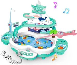 Magnetic Baby Fishing Toy Set, 3 in 1 Fishing Game for Toddlers & Kids with Slideway & Music Story, 10 Fish, 3 Dolphins, 2 Toy Fishing Poles, Learning Educational Toys Sound Effect Toy (Green)