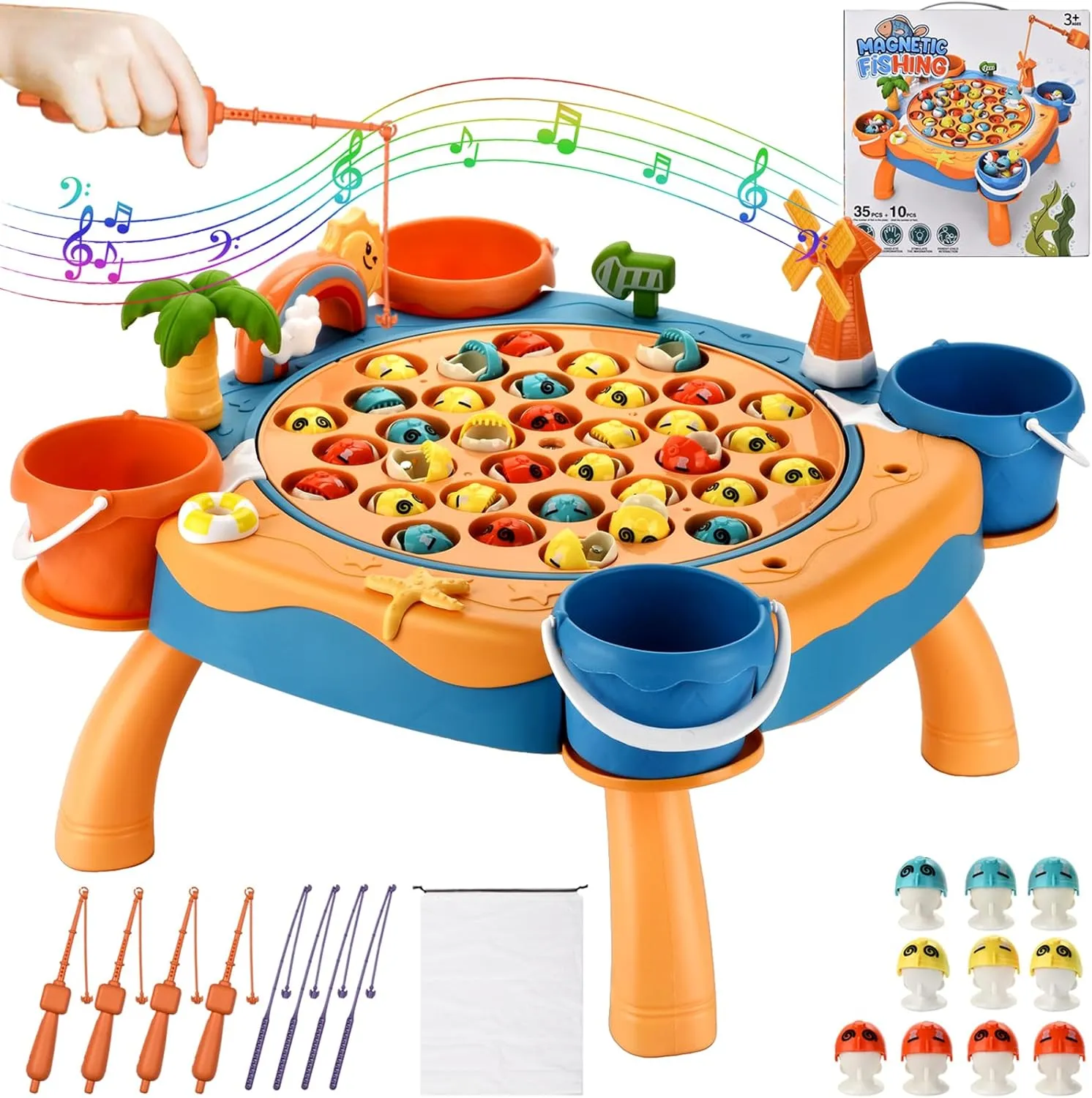 Magnetic Fishing Game - Fishing Toy with 45 Fish, 8 Fishing Poles, 4 Support Feet, Rotating Board, On-Off Music - Classics Fish Toys for Toddlers & Kids Age 3 4 5 6 7 8 and Up (Blue)