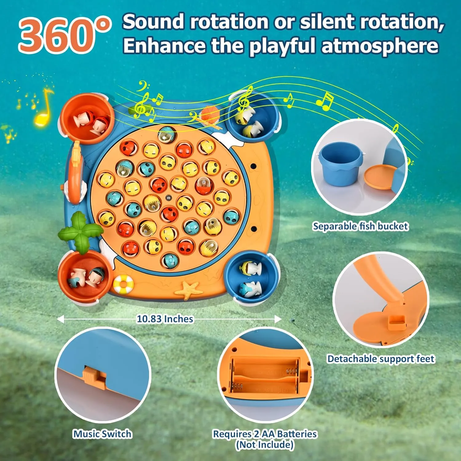 Magnetic Fishing Game - Fishing Toy with 45 Fish, 8 Fishing Poles, 4 Support Feet, Rotating Board, On-Off Music - Classics Fish Toys for Toddlers & Kids Age 3 4 5 6 7 8 and Up (Blue)
