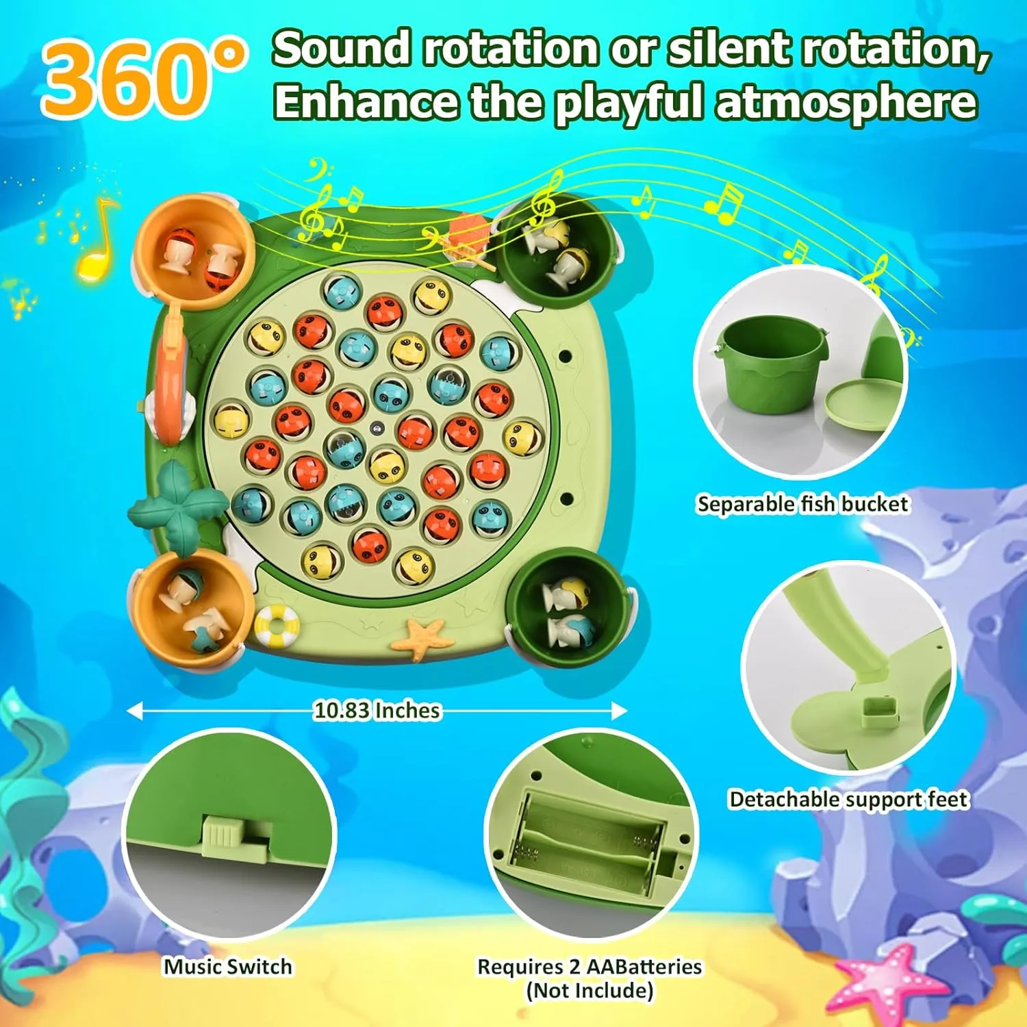 Magnetic Fishing Game - Fishing Toy with 45 Fish, 8 Fishing Poles, 4 Support Feet, Rotating Board, On-Off Music - Classics Fish Toys for Toddlers & Kids Age 3 4 5 6 7 8 and Up (Green)