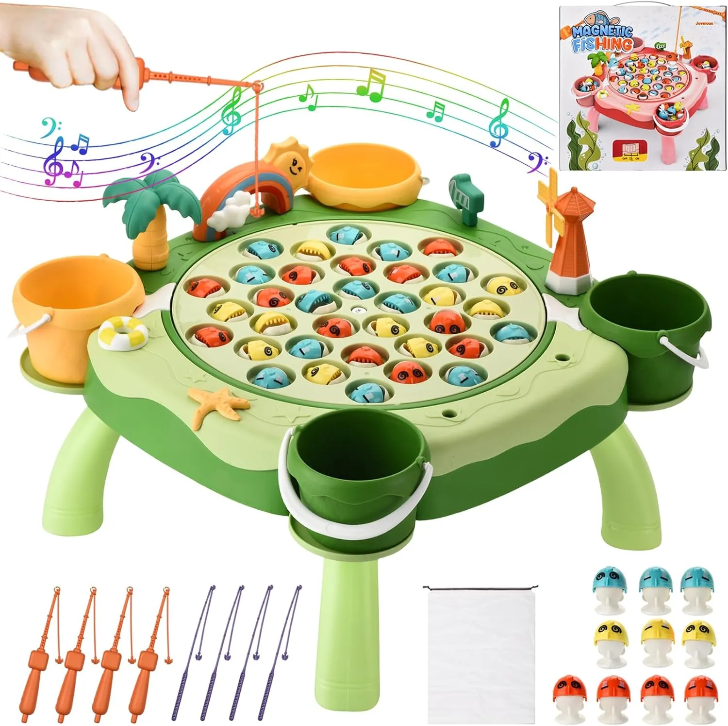 Magnetic Fishing Game - Fishing Toy with 45 Fish, 8 Fishing Poles, 4 Support Feet, Rotating Board, On-Off Music - Classics Fish Toys for Toddlers & Kids Age 3 4 5 6 7 8 and Up (Green)