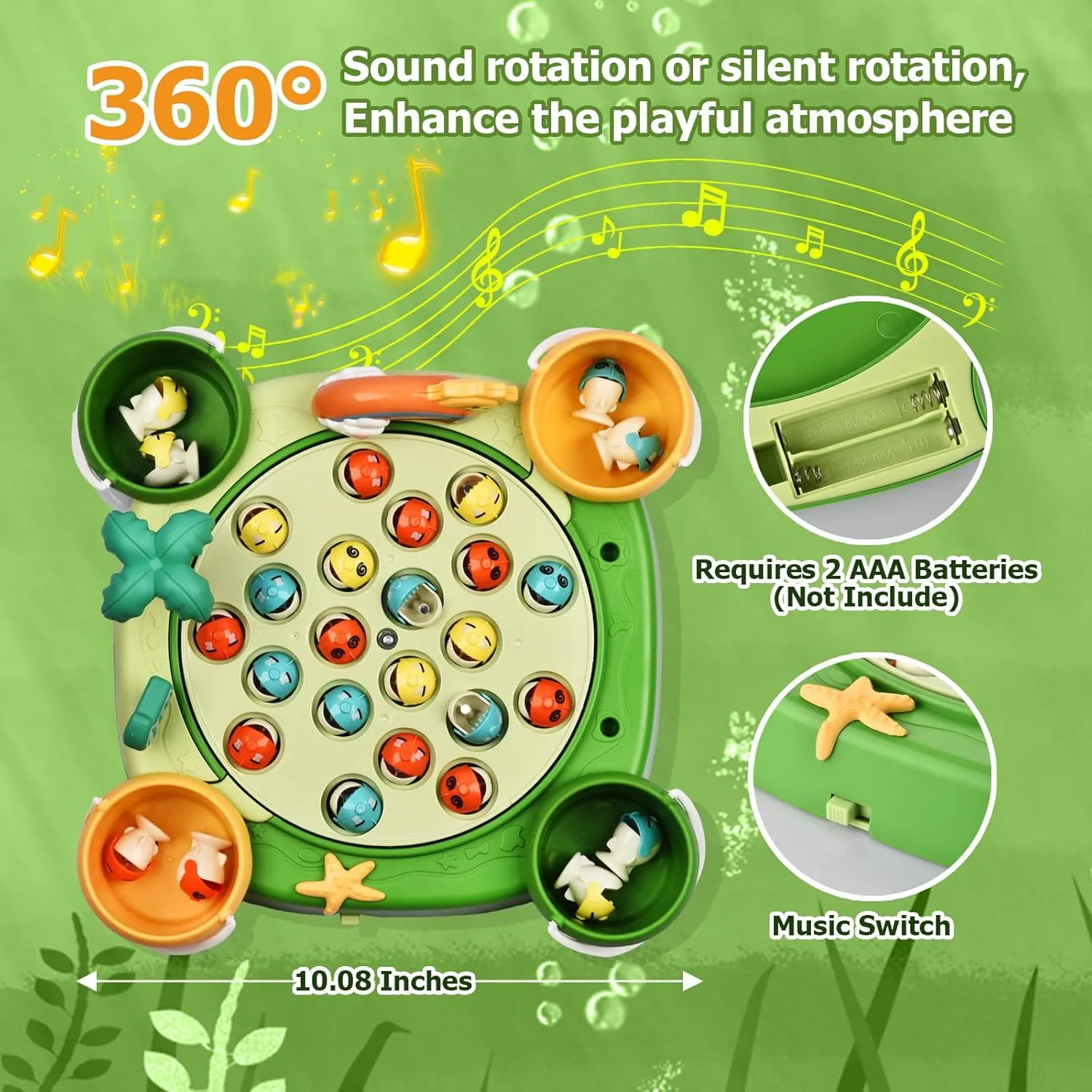 Magnetic Fishing Game Set - 21 Fish and 6 Poles, Rotating Toddler Board Games with Music Switch, Fine Motor Skills Fishing Toys for Kids and Toddlers 3 4 5 6 7 8 and Up (Green)
