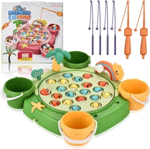 Magnetic Fishing Game Set - 21 Fish and 6 Poles, Rotating Toddler Board Games with Music Switch, Fine Motor Skills Fishing Toys for Kids and Toddlers 3 4 5 6 7 8 and Up (Green)