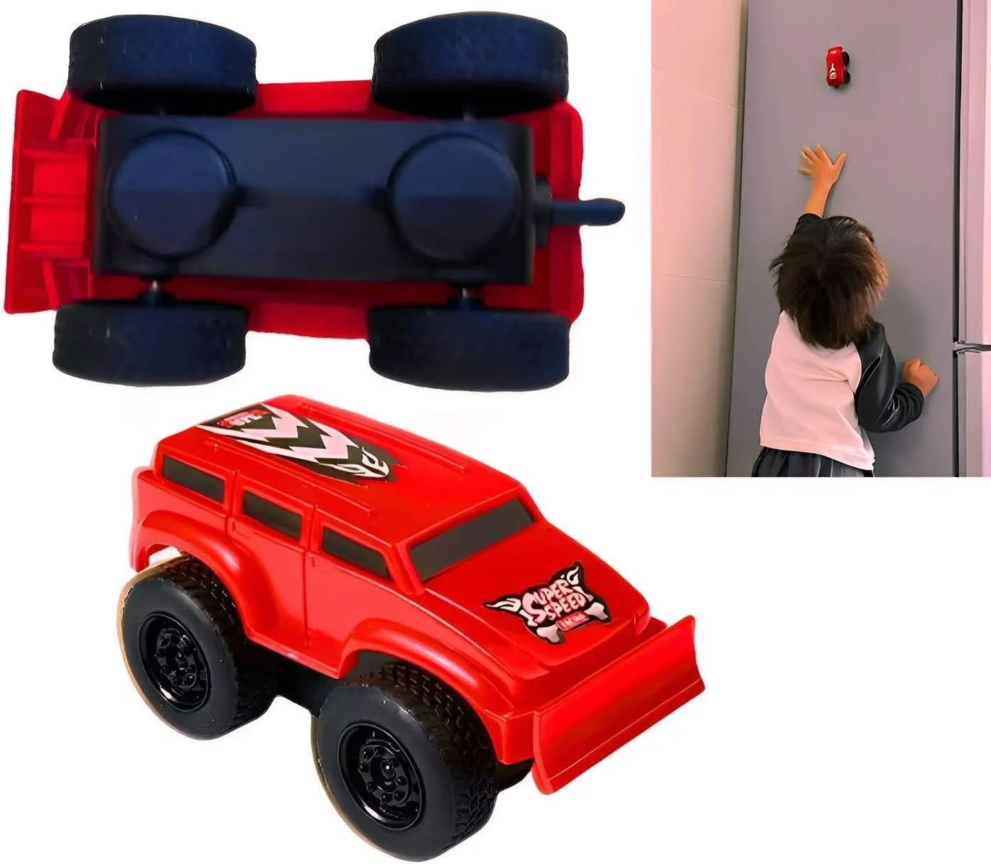 Magnetic Pull-Back Inertial Toy Car Crawl on Ironware and refrigerators (Red)