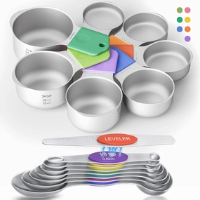 Magnetic Measuring Cups & Spoons Set|304 Stainless Steel Dual Scale Set of 15, Strong N52 Magnetic Nesting Design with Leveler, for Dry&Liquid Ingredients, Dishwasher Safe(Colorful)