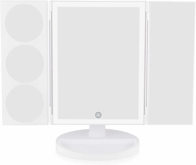 Make Up Mirror Large Full Size Tri-Fold with Dimmable LED Lights, 1X 3X 5X & 10 Magnification, USB or Battery Operated