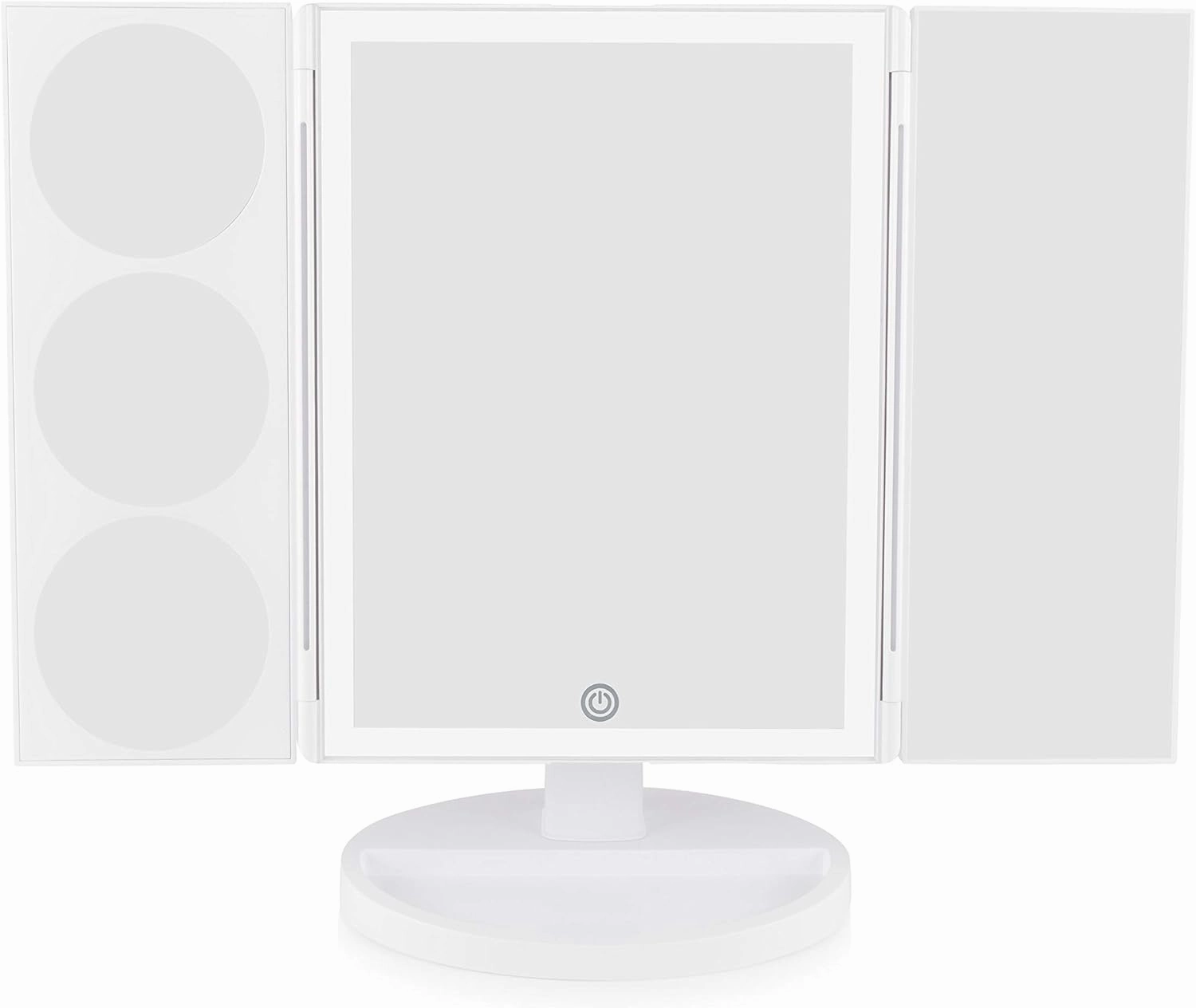 Make Up Mirror Large Full Size Tri-Fold with Dimmable LED Lights, 1X 3X 5X & 10 Magnification, USB or Battery Operated