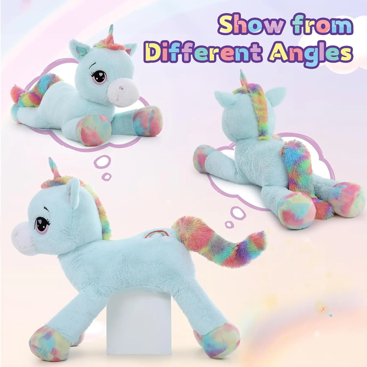 MaoGoLan 43" Big Unicorn Stuffed Animal, Giant Animal Plush Pillow Full of 5.4 Pounds of Cotton Large Unicorn Body Hugging Pillow for Girls Boys, Gift for Special Day Blue