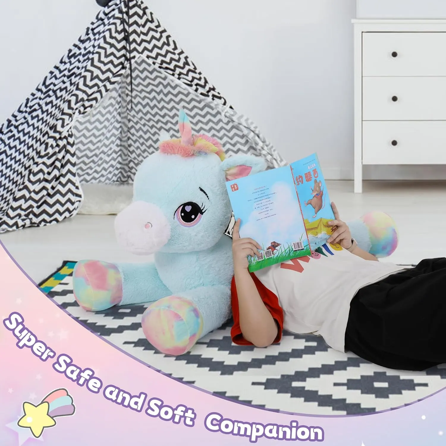 MaoGoLan 43" Big Unicorn Stuffed Animal, Giant Animal Plush Pillow Full of 5.4 Pounds of Cotton Large Unicorn Body Hugging Pillow for Girls Boys, Gift for Special Day Blue