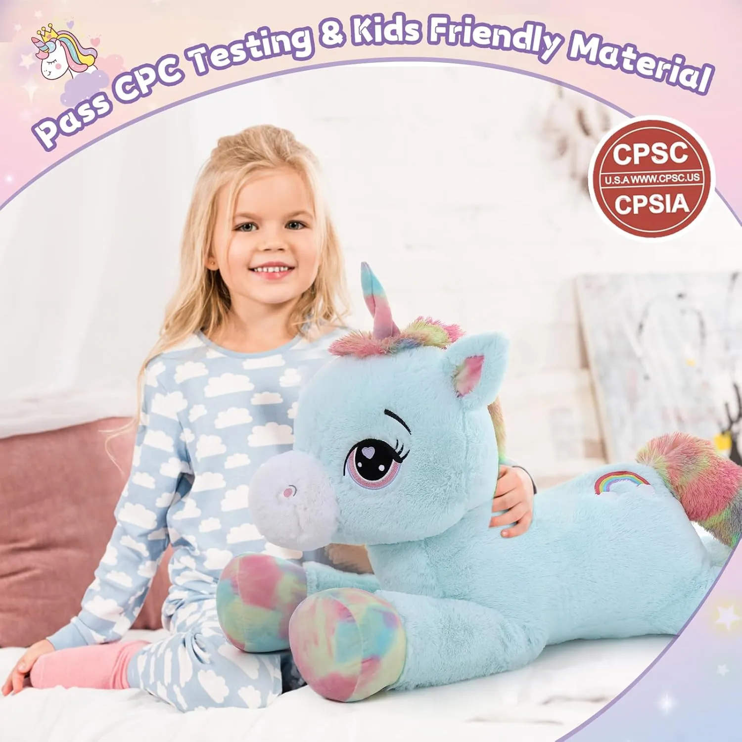 MaoGoLan 43" Big Unicorn Stuffed Animal, Giant Animal Plush Pillow Full of 5.4 Pounds of Cotton Large Unicorn Body Hugging Pillow for Girls Boys, Gift for Special Day Blue