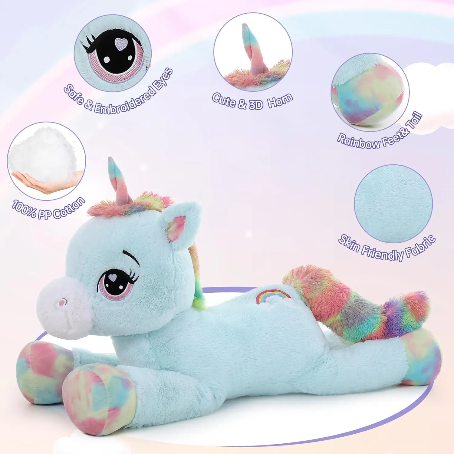 MaoGoLan 43" Big Unicorn Stuffed Animal, Giant Animal Plush Pillow Full of 5.4 Pounds of Cotton Large Unicorn Body Hugging Pillow for Girls Boys, Gift for Special Day Blue