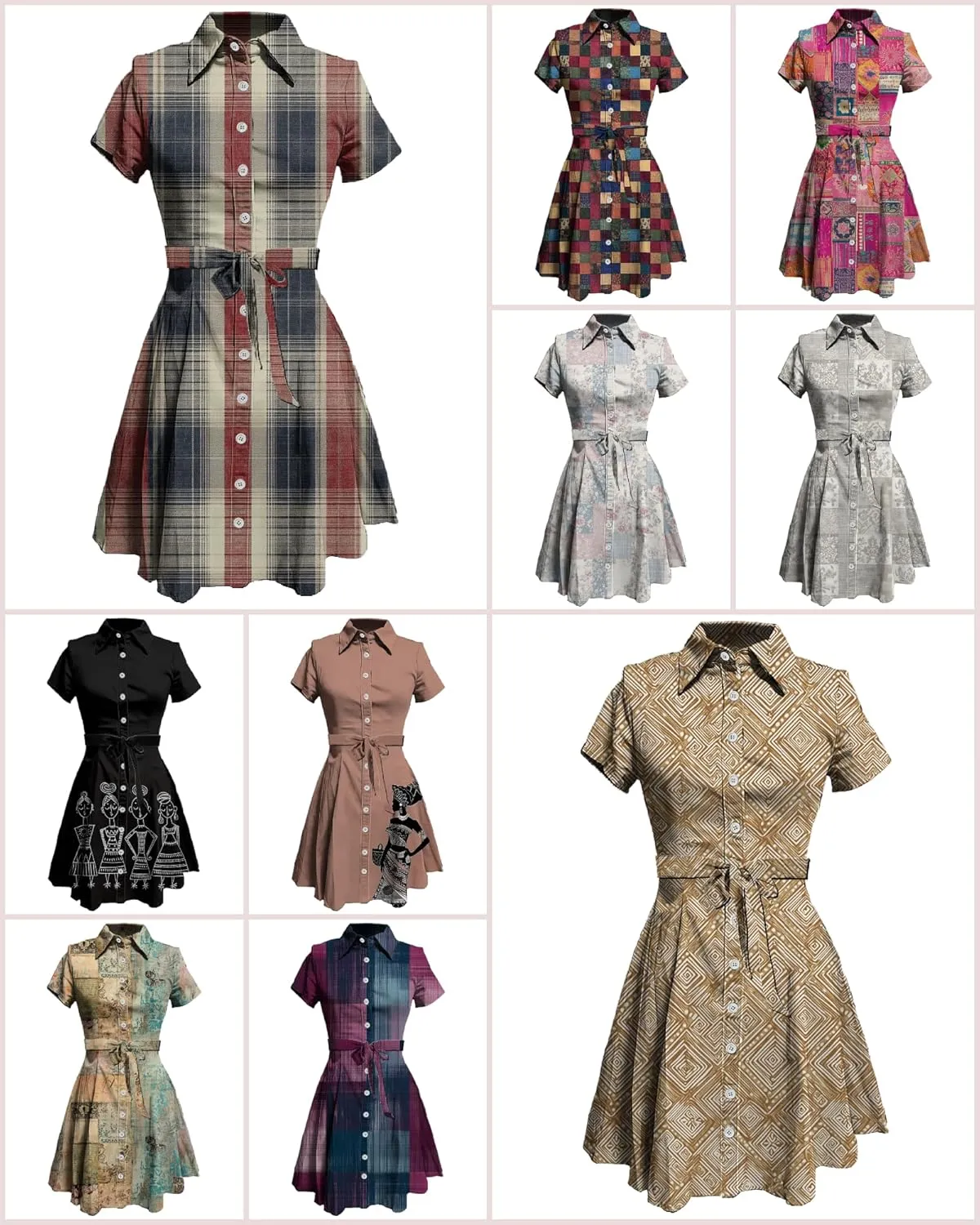 MARSVOVO Vintage Retro Shirt Dress for Women Short Sleeve Button Down Tie Waist Elegant Smocked Knee Length Dress
