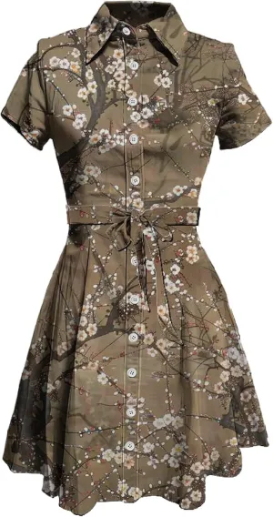 MARSVOVO Vintage Retro Shirt Dress for Women Short Sleeve Button Down Tie Waist Elegant Smocked Knee Length Dress