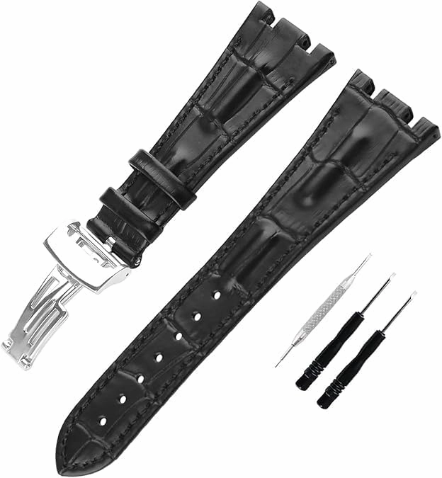 Men's Leather Strap Compatible for 28mm Audemars Piguet Royal Oak Offshore AP 15703 15710 15400 26470 26400 Ladies outdoor work waterproof watch band wrist strap buckle (Black Band Black Line)