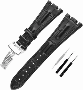 Men's Leather Strap Compatible for 28mm Audemars Piguet Royal Oak Offshore AP 15703 15710 15400 26470 26400 Ladies outdoor work waterproof watch band wrist strap buckle (Black Band Black Line)