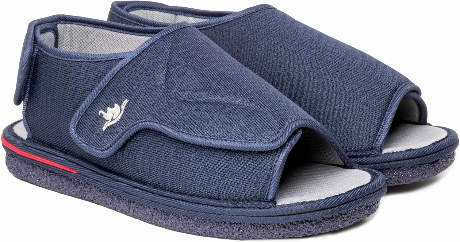 Men's Open Toe Foam Wide Diabetic Slippers Hook & Loop Closure Non-Slip Rubber Sole Flexible Orthotic Slippers Indoor/Outdoor Adjustable Soft Breathable, Navy 10