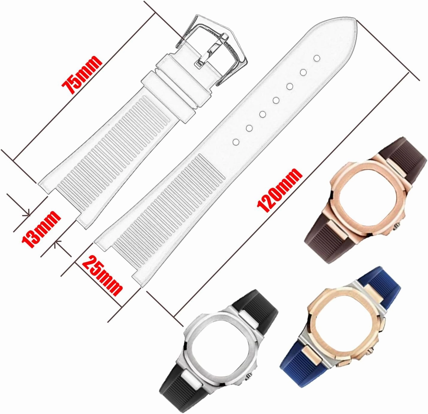 Men's Resin Strap Compatible for 25mmx 13mm Patek Philippe Nautilus PP 5711 1A010 5712 5712G 5726 5980 Ladies outdoor work waterproof watch band wrist strap with buckle