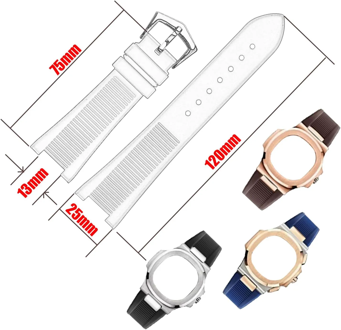 Men's Resin Strap Compatible for 25mmx 13mm Patek Philippe Nautilus PP 5711 1A010 5712 5712G 5726 5980 Ladies outdoor work waterproof watch band wrist strap with buckle