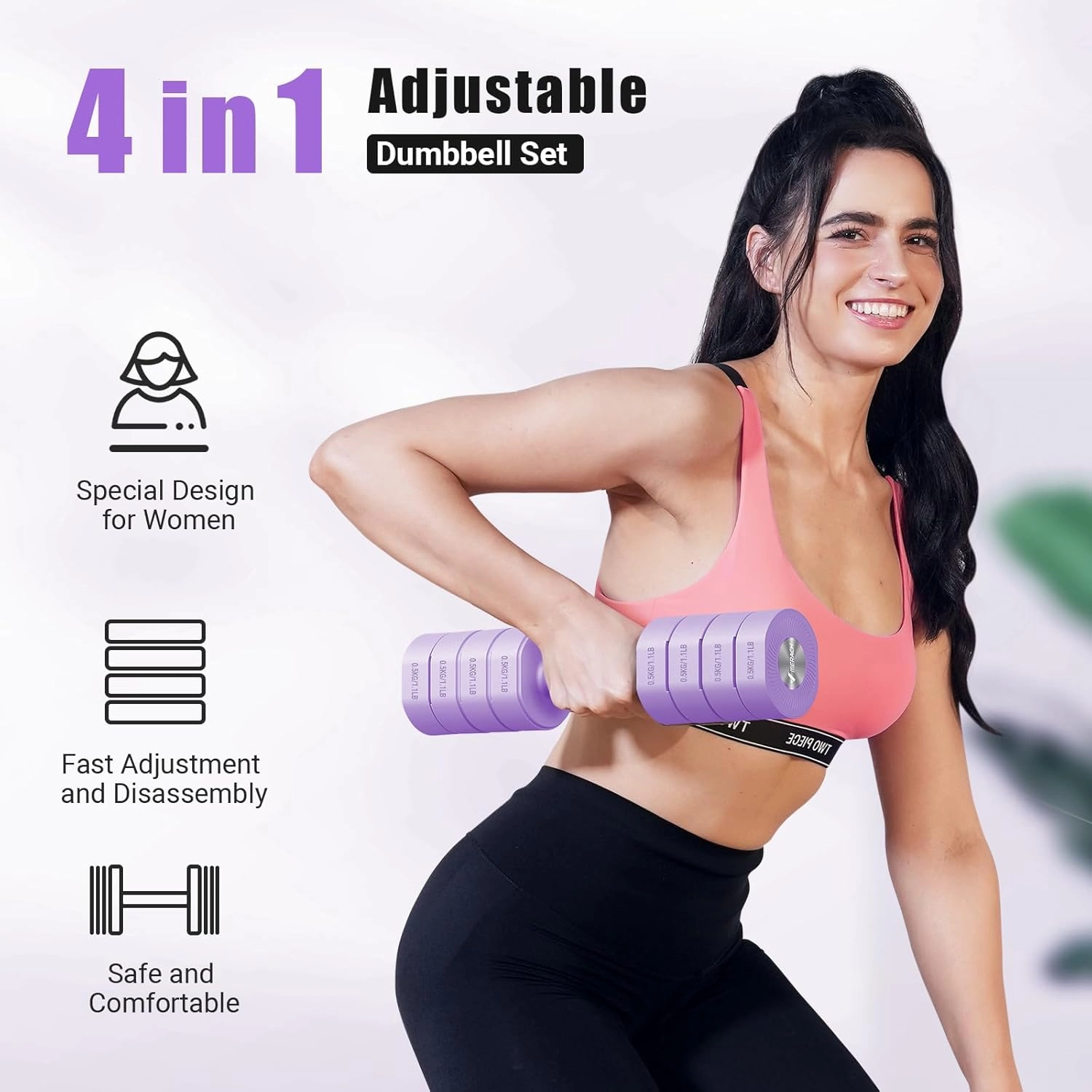 MERACH Dumbbell Set of 2, MERACH Adjustable Weight, Anti-slip Handle, Macaron Colors, Each 2.2/4.4/6.6/8.8 lbs, 4 in 1 Hand Weights for Women at Home