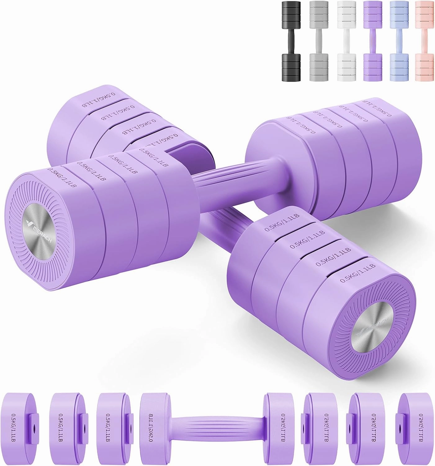 MERACH Dumbbell Set of 2, MERACH Adjustable Weight, Anti-slip Handle, Macaron Colors, Each 2.2/4.4/6.6/8.8 lbs, 4 in 1 Hand Weights for Women at Home