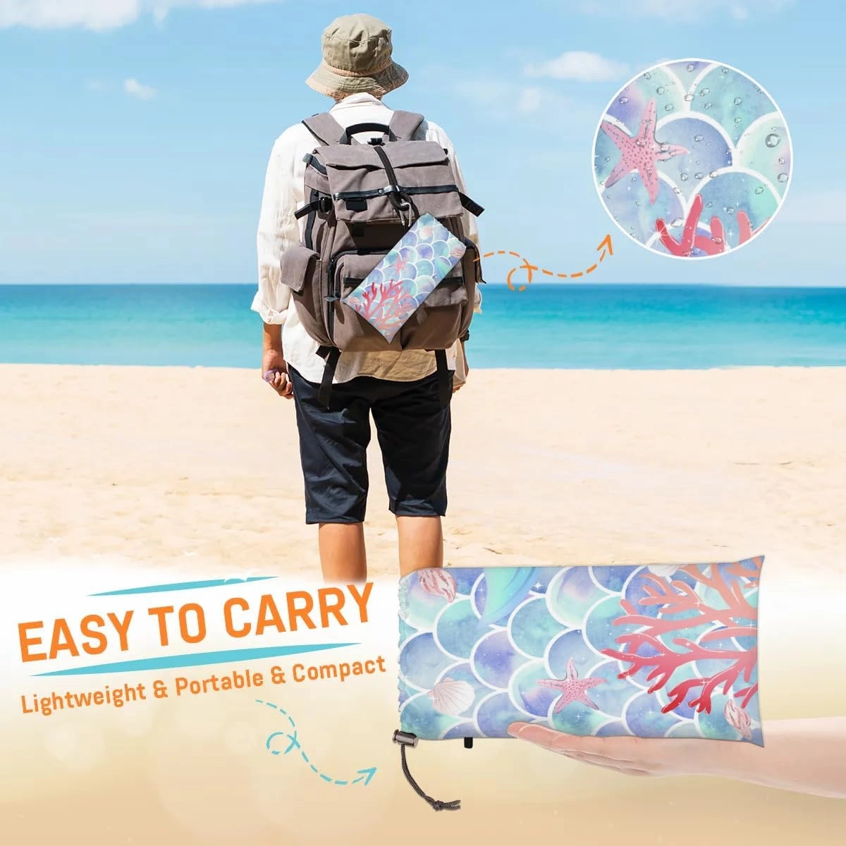 Mermaid Tail Beach Blanket, Sandproof Beach Mat, 68 x 59 Waterproof Quick Drying Sand Free Mat with 4 x Ground Spikes for Outdoor Travel Camping Hiking, Mermaid