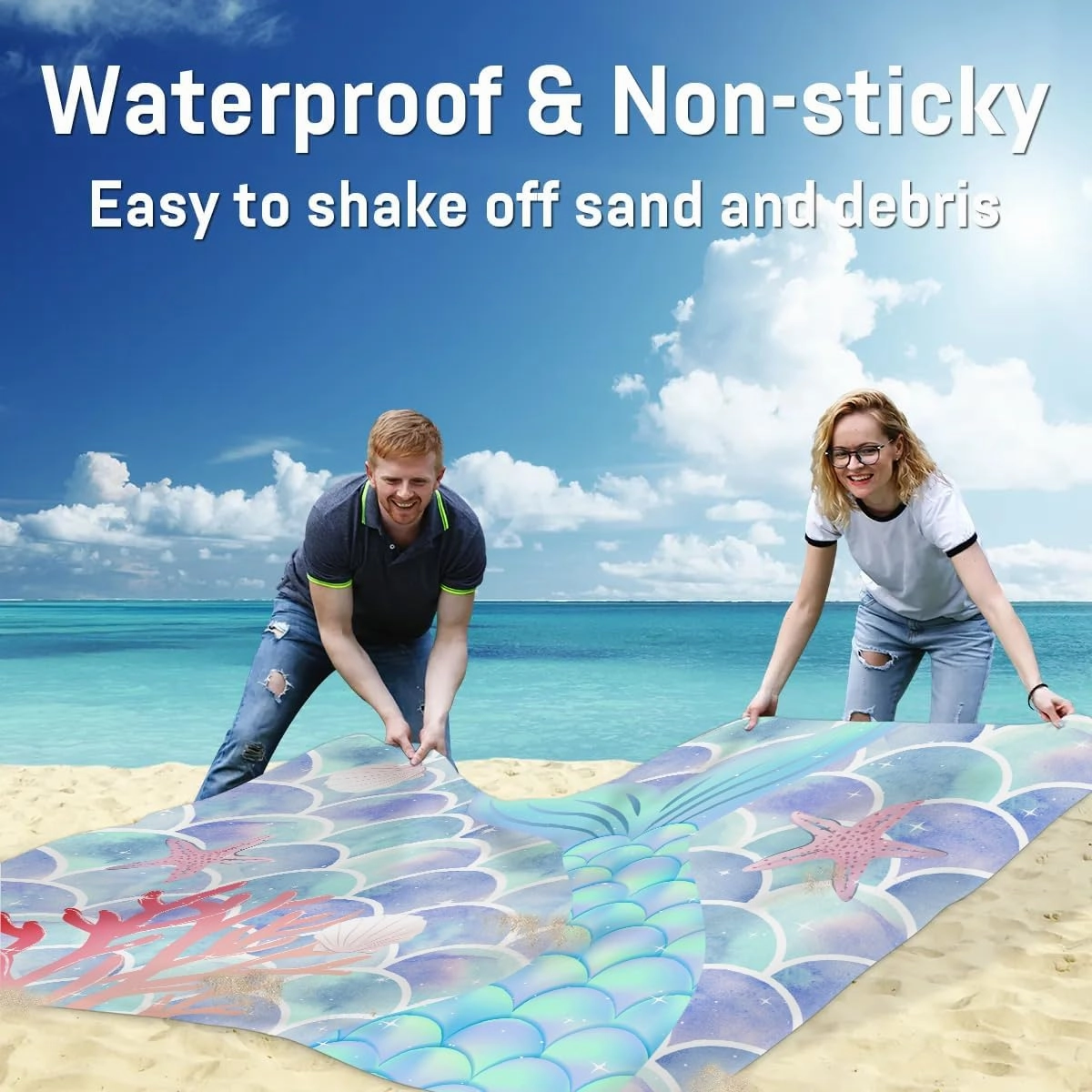 Mermaid Tail Beach Blanket, Sandproof Beach Mat, 68 x 59 Waterproof Quick Drying Sand Free Mat with 4 x Ground Spikes for Outdoor Travel Camping Hiking, Mermaid