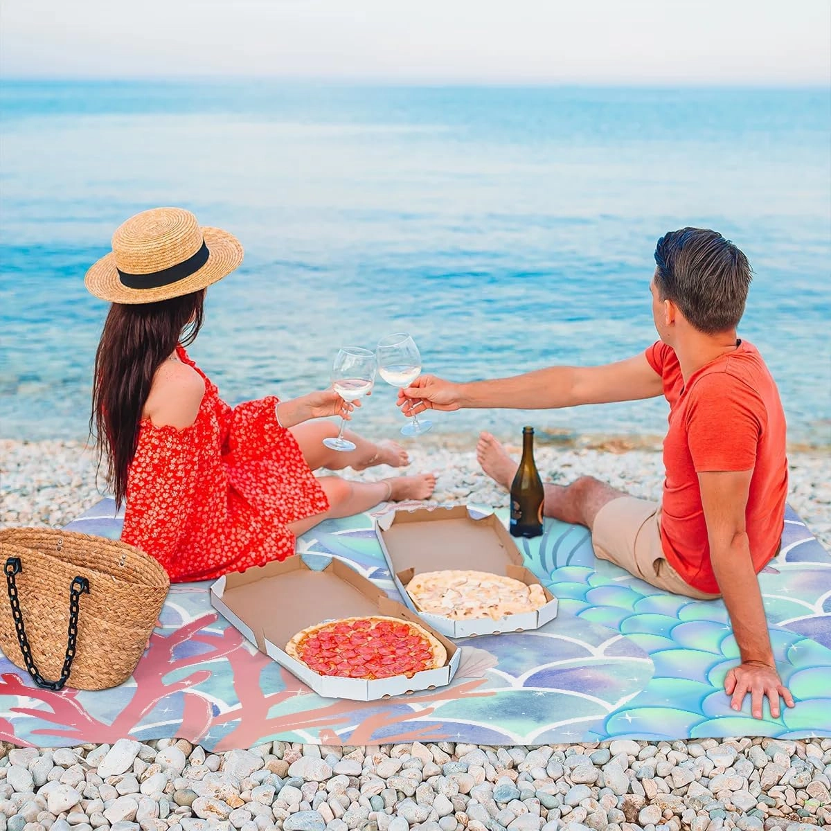 Mermaid Tail Beach Blanket, Sandproof Beach Mat, 68 x 59 Waterproof Quick Drying Sand Free Mat with 4 x Ground Spikes for Outdoor Travel Camping Hiking, Mermaid