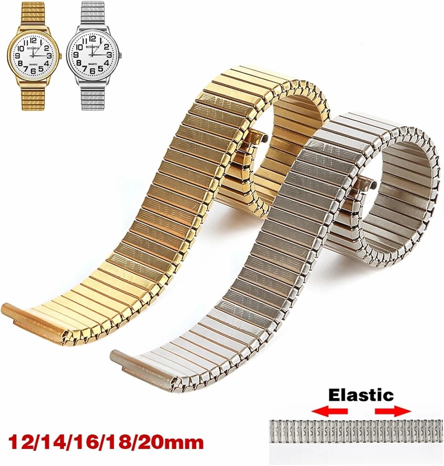 Metal Retractable Silver Gold Watch Band Wristband Stainless Steel Elastic Stretch Watch Band 18mm Universal Wristband Compatible Smart Watch
