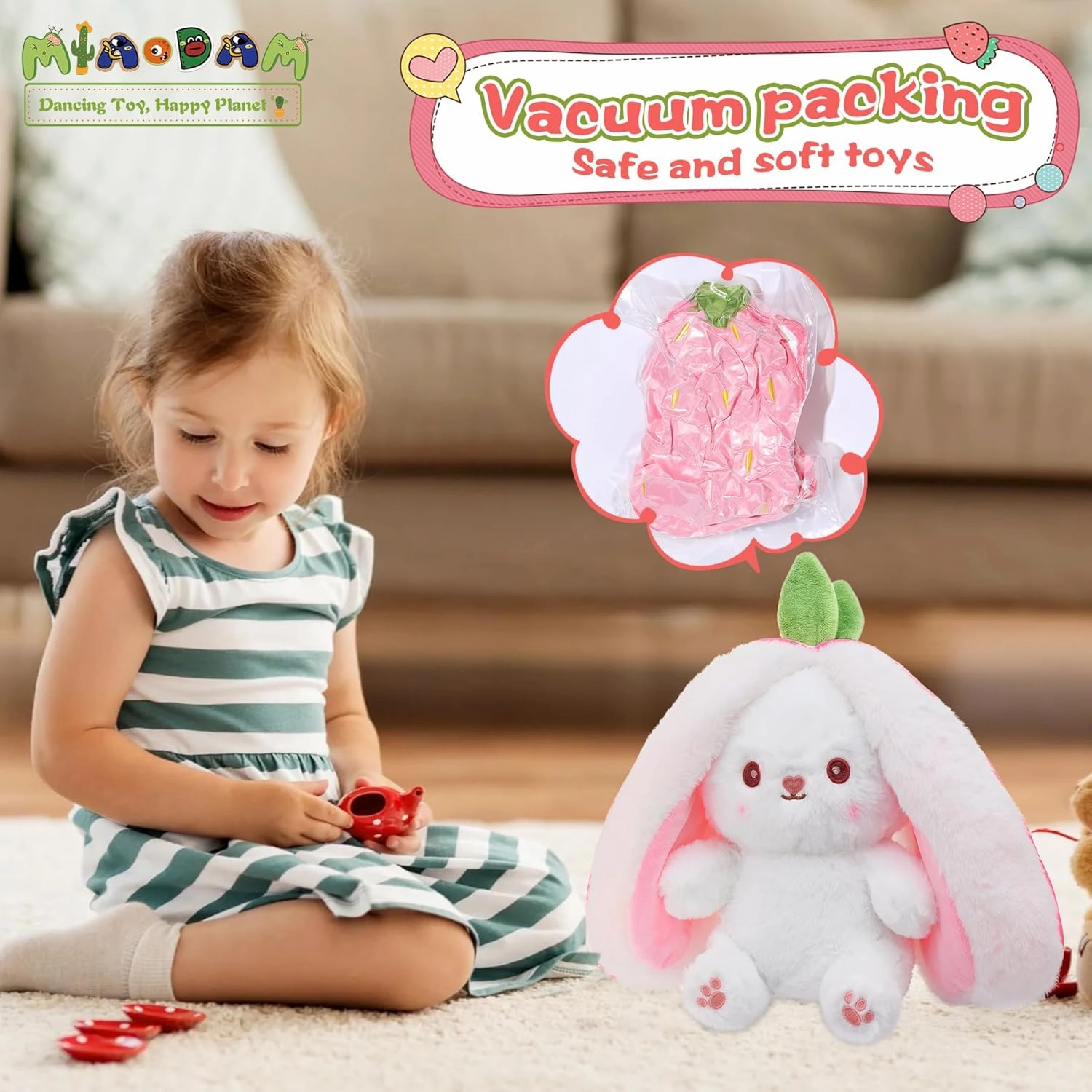 MIAODAM Bunny Stuffed Animal Reversible Cuddle Bunny Stuffed,Strawberry Bunny Transformed Rabbit Plush Zipper,Carrot That Turns Into Ears Bunnies Plushies Toy Cute Stuffy Doll Easter Girlfriend Gift