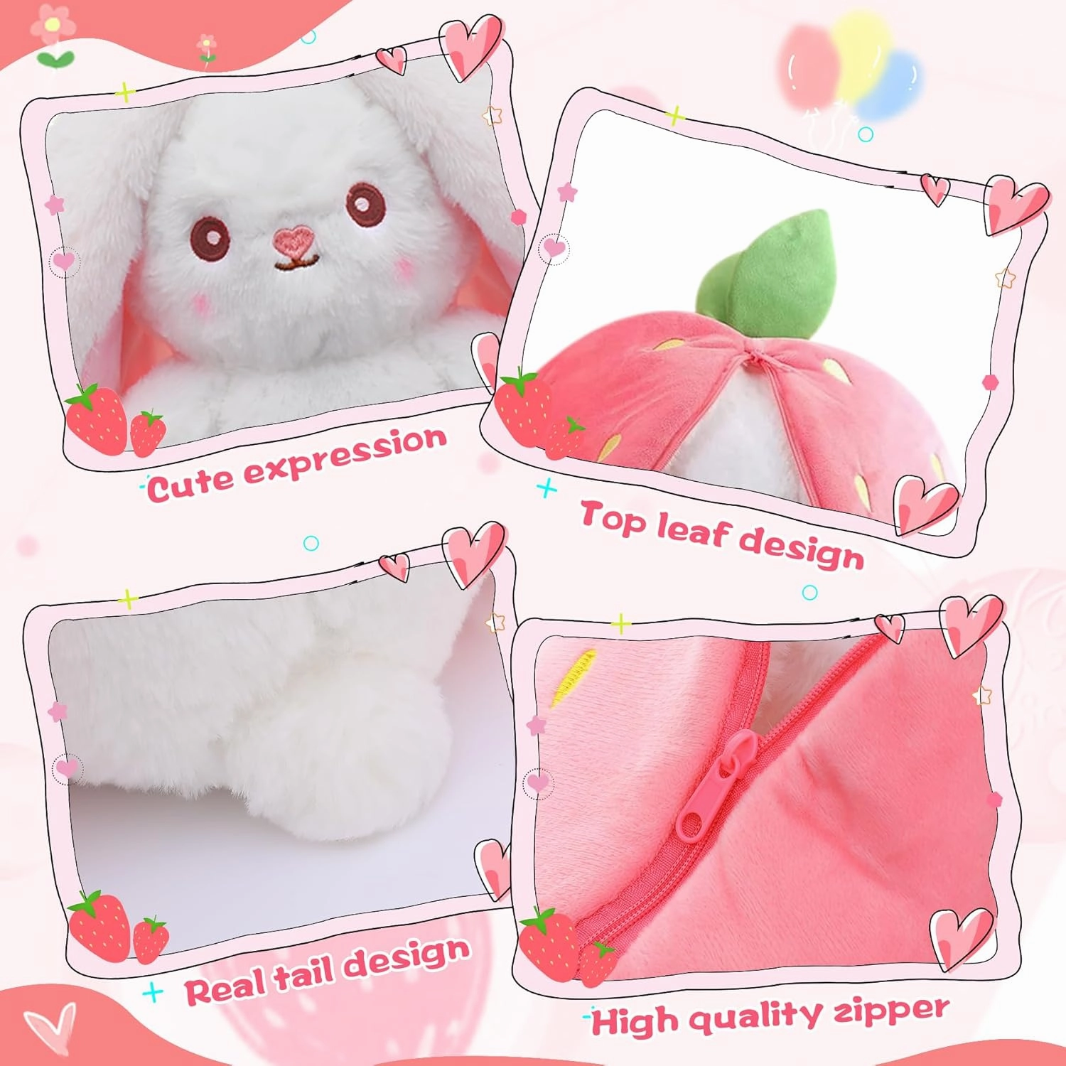 MIAODAM Bunny Stuffed Animal Reversible Cuddle Bunny Stuffed,Strawberry Bunny Transformed Rabbit Plush Zipper,Carrot That Turns Into Ears Bunnies Plushies Toy Cute Stuffy Doll Easter Girlfriend Gift