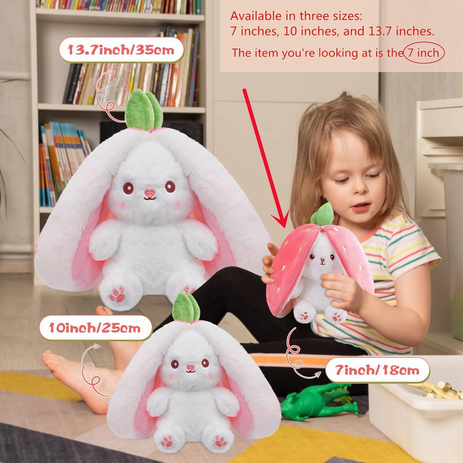 MIAODAM Bunny Stuffed Animal Reversible Cuddle Bunny Stuffed,Strawberry Bunny Transformed Rabbit Plush Zipper,Carrot That Turns Into Ears Bunnies Plushies Toy Cute Stuffy Doll Easter Girlfriend Gift