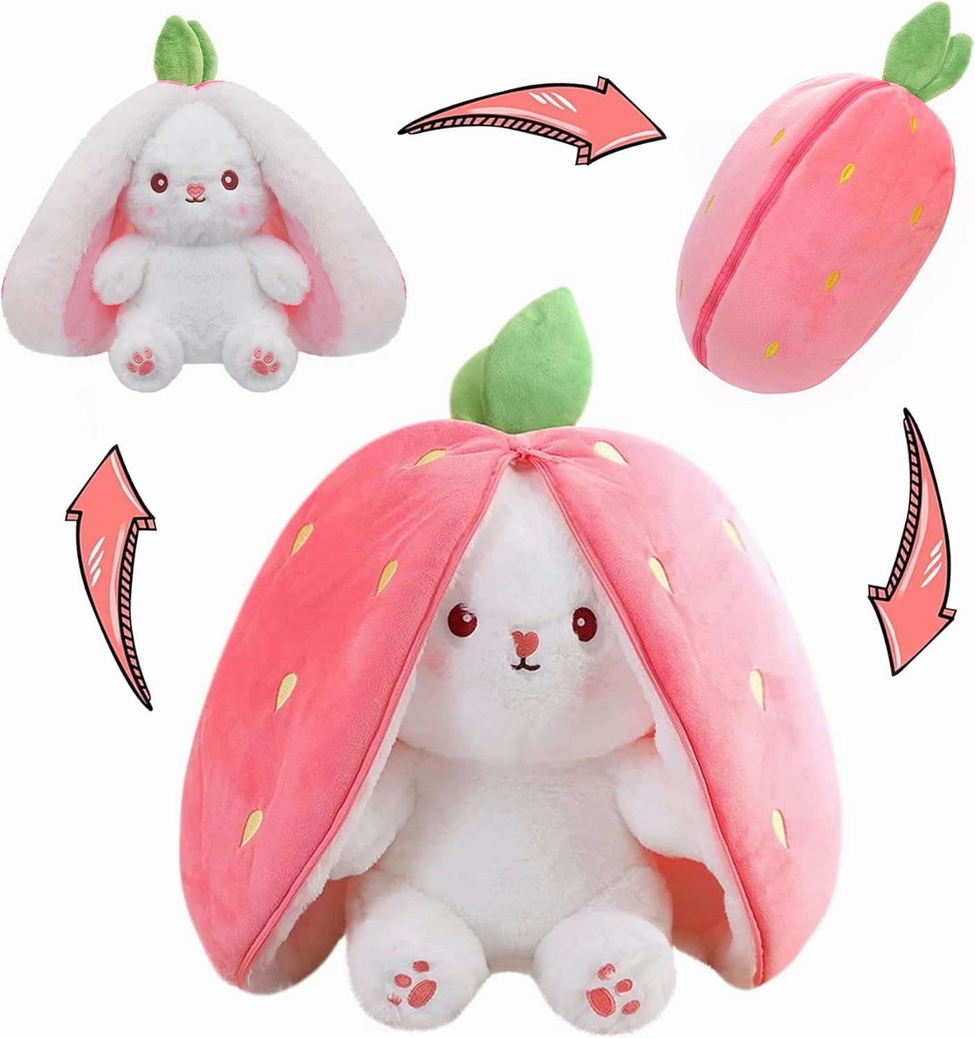 MIAODAM Bunny Stuffed Animal Reversible Cuddle Bunny Stuffed,Strawberry Bunny Transformed Rabbit Plush Zipper,Carrot That Turns Into Ears Bunnies Plushies Toy Cute Stuffy Doll Easter Girlfriend Gift
