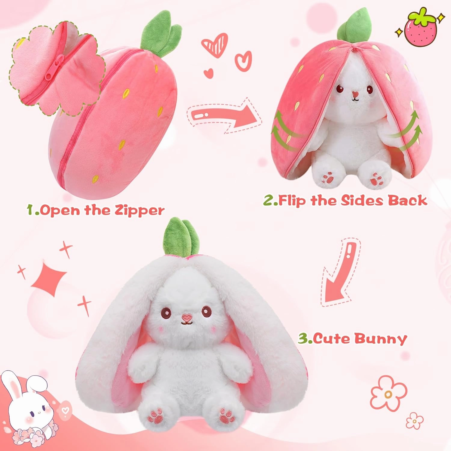 MIAODAM Bunny Stuffed Animal Reversible Cuddle Bunny Stuffed,Strawberry Bunny Transformed Rabbit Plush Zipper,Carrot That Turns Into Ears Bunnies Plushies Toy Cute Stuffy Doll Easter Girlfriend Gift