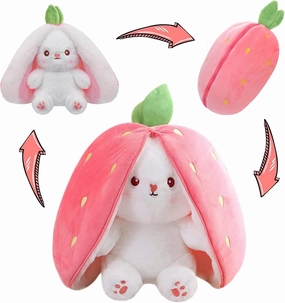 MIAODAM Bunny Stuffed Animal Reversible Cuddle Bunny Stuffed,Strawberry Bunny Transformed Rabbit Plush Zipper,Carrot That Turns Into Ears Bunnies Plushies Toy Cute Stuffy Doll Easter Girlfriend Gift