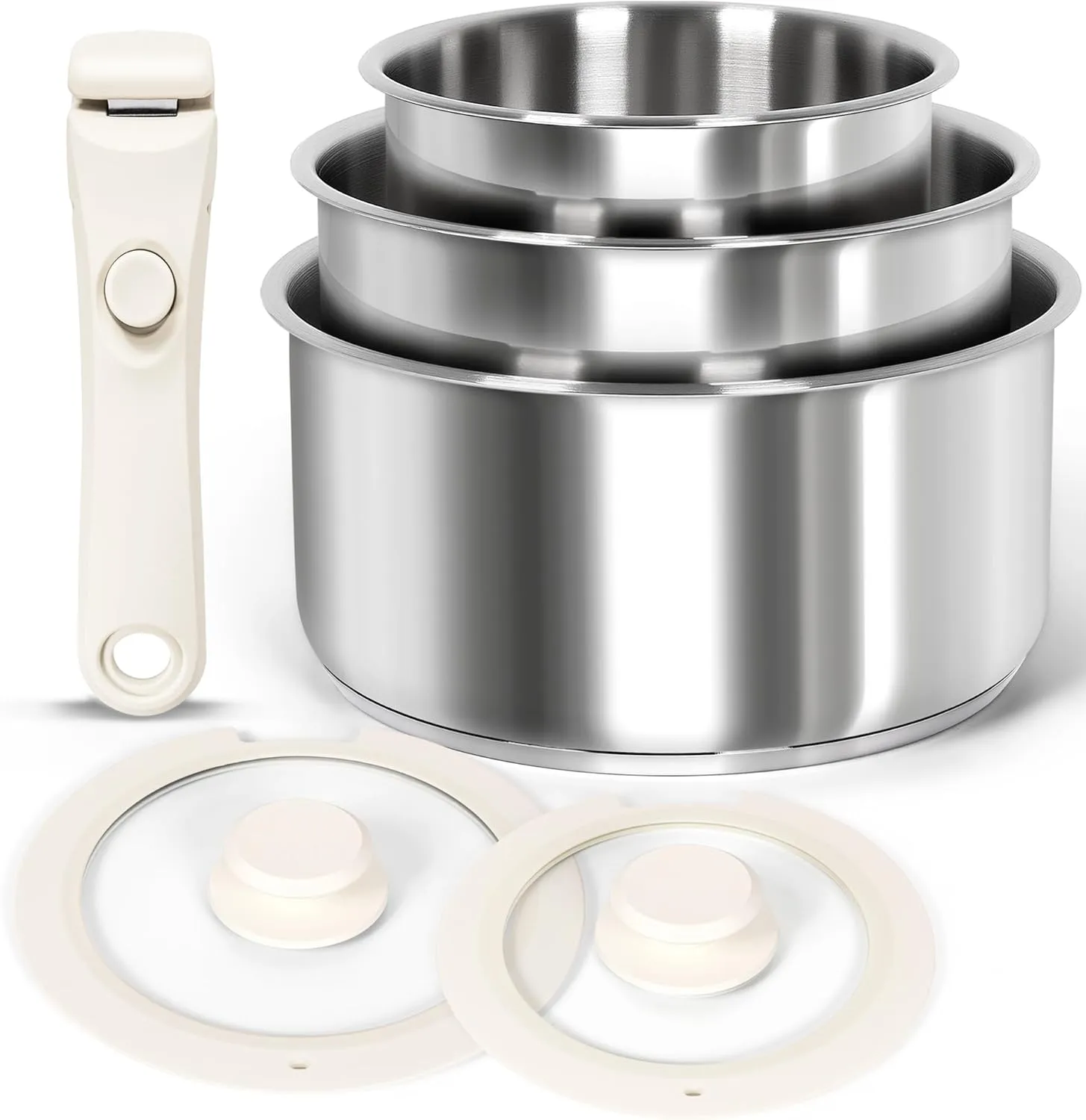 MICHELANGELO 6pcs Stainless Steel Pot Set with Removable Handle, Triply Base Stainless Steel Saucepan with Lids, Detachable Handle Saucepan Set, Induction Compatible - White